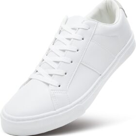 Men's White Synthetic Leather Lace-Up Sneakers