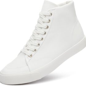 Men's White High Top Sneakers Black Canvas Casual Shoes Comfortable Fashion Sneakers Lace Up Tennis Shoes