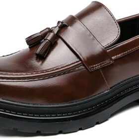 Men's Leather Tassel Platform Slip on Loafers Luxury Round Toe Lug Sole Non-Slip Dress Shoes Casual Low Block Heel Business Work Office Shoes